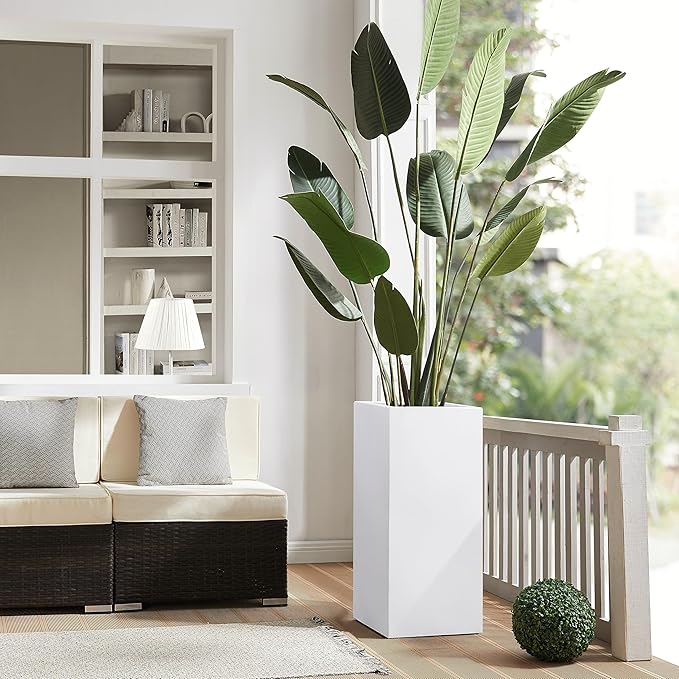 Metallic Heavy Tall Outdoor/Indoor Planter Box, Seamless Metal Planter, Rectangular, 14”Lx14”Wx30”H, ‎25 Pounds Each, Pure White, No Assembly and Seamless, Set of 2-Ruum Studio Home