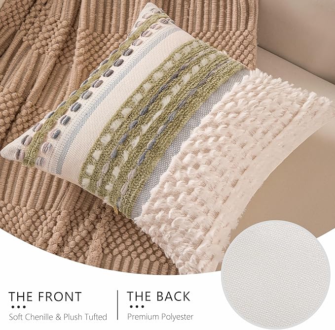 Boho Chenille Tufted Couch Throw Pillow Covers 18x18 Inch Set of 2 Farmhouse Striped Decorative Pillow Covers Accent Neutral Pillowcase Brown Cushion Cover for Living Room Sofa Bed-Ruum Studio Home