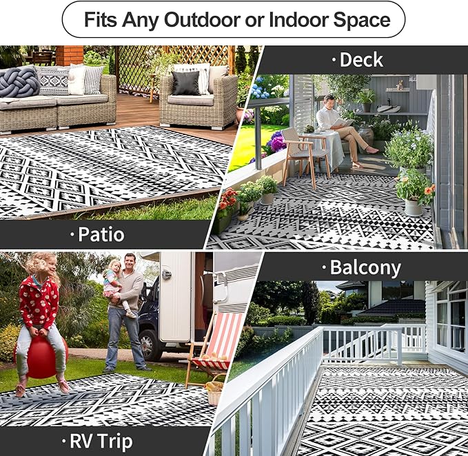Waterproof Outdoor Rug 8x10ft, Bohemia Reversible Plastic Straw Mat for Patio RV Deck Porch Backyard Balcony Camping Picnic Beach Indoor Outdoor Carpet, Black&White-Ruum Studio Home