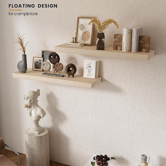 Light Wood Floating Shelves 36”x 8”x 1.4” Book Shelf Floating for Wall Mounted, Heavy Duty Shelf Hold 80 lbs, Unfinished Rustic Wall Shelves for Bedroom, Living Room, Kitchen, Office, Laundry Room-Ruum Studio Home