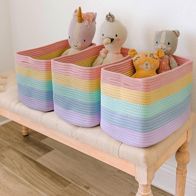 OrganiHaus Rainbow Woven Storage Baskets for Organizing, Cotton Rope Organizer Bins for Shelves, Closet & Nursery, Dog Toy Basket, Decorative Bins for Toys, Towels & Books - 15x10x9-Ruum Studio Home