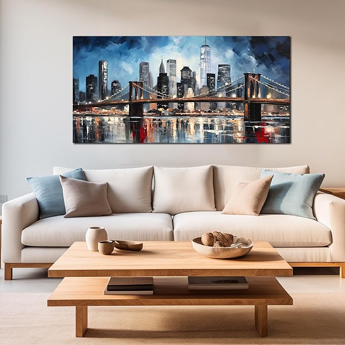 Brooklyn Bridge Wall Art for Bedroom,Modern City Large Canvas Wall Art Living Room,Blue Home Office Decor 29 x 59 Inch-Ruum Studio Home