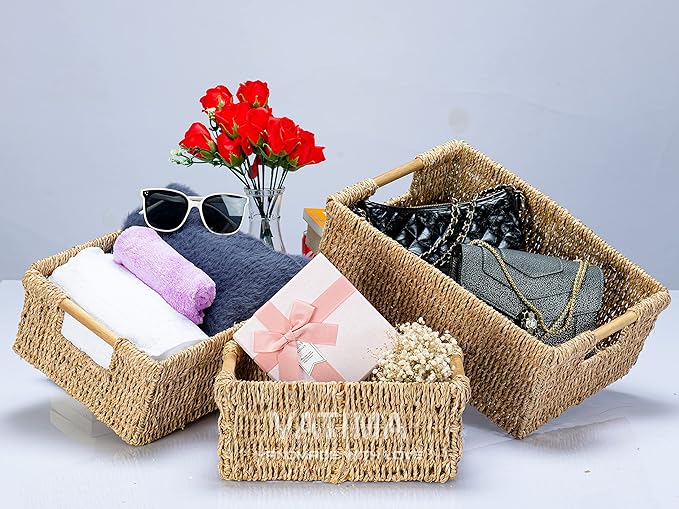 VATIMA Seagrass Baskets with Wooden Handles, Set of 3 Decorative Natural Wicker Baskets for Kitchen-Ruum Studio Home