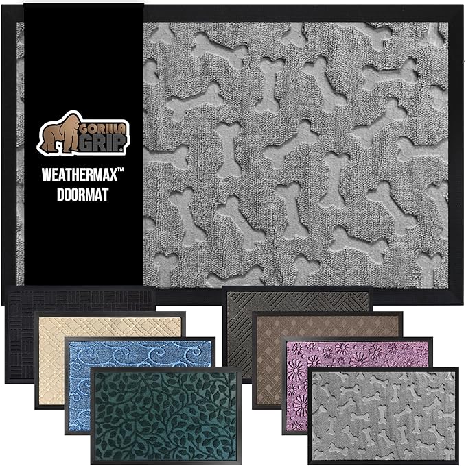 GORILLA GRIP 100% Waterproof All-Season WeatherMax Doormat, 47x35, US Designed Natural Rubber, Stain and Fade Resistant, Low Profile Indoor Outdoor Door Mats, Easy Clean Patio Mat, Light Gray Bones-Ruum Studio Home