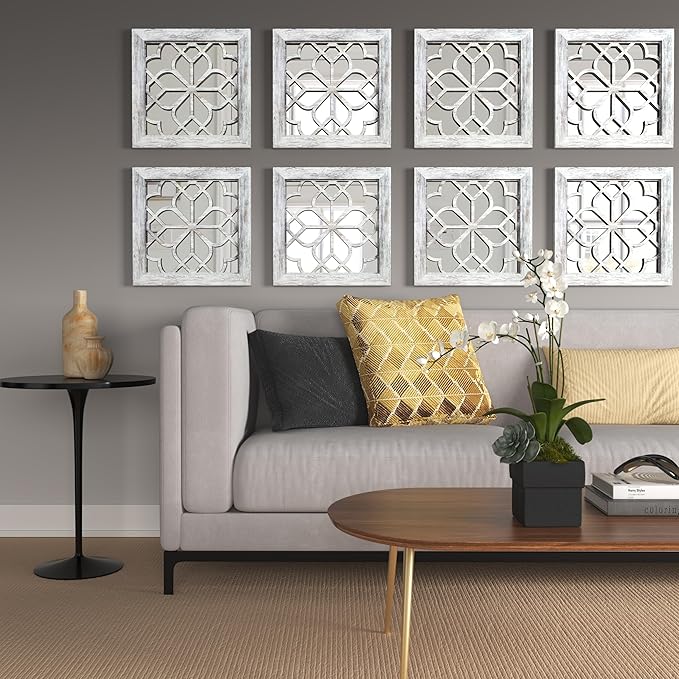 4pcs Farmhouse Wall Mirror with Carved Floral Design -Rustic Mirror Decor for Home, 12x12 inch(Grey)-Ruum Studio Home