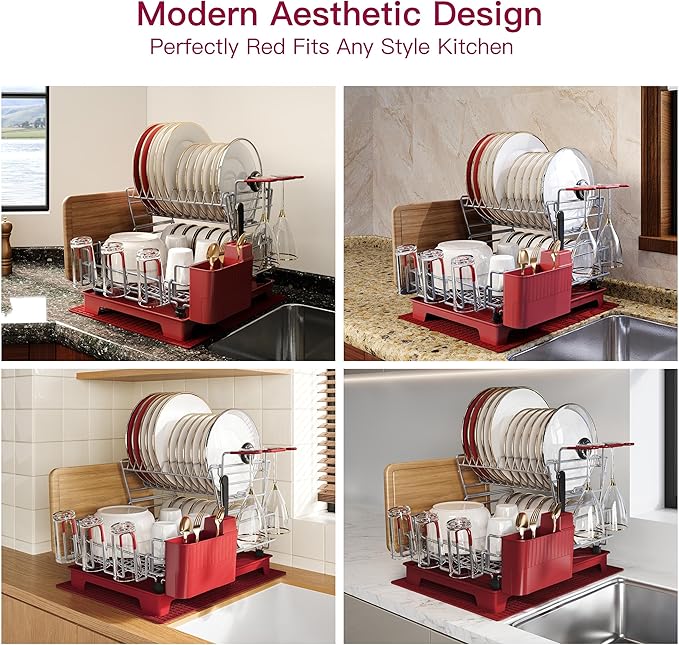 BOOSINY 2 Tier Red Large Stainless Steel Dish Drainers Drying Rack for Kitchen Counter with Drainboard, Rust Proof Metal, Space Saving, Modern Aesthetic, Compact Plates Strainers with Extra Mat-Ruum Studio Home