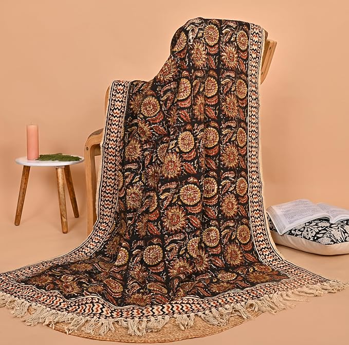 Bohemian Mud Cloth Handmade Throw with Tassels - 120x180 CM Handblock Printed Floral Cotton Blanket, Soft Handloom Sofa Throw for Living Room, Bed, Couch & Home Décor-Ruum Studio Home