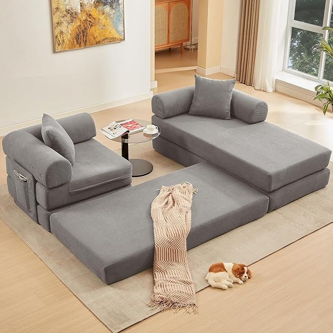 107" Oversized Convertible Sleeper Sofa Bed, Corduroy L Shape Sectional Couch, Folding Sofa Bed with Side Pocket, Modern Cloud Floor Mattress Couch, Modular Sofa for Living Room, Grey-Ruum Studio Home
