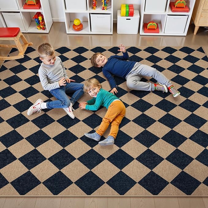 Lahome Checkered Easy Jute 5x7 Area Rugs, Washable Outdoor Patio Rug for Living Room Diamond Indoor Outdoor Carpet, Farmhouse Geometric Non Slip Black Carpet for Backyard Dining Room-Ruum Studio Home