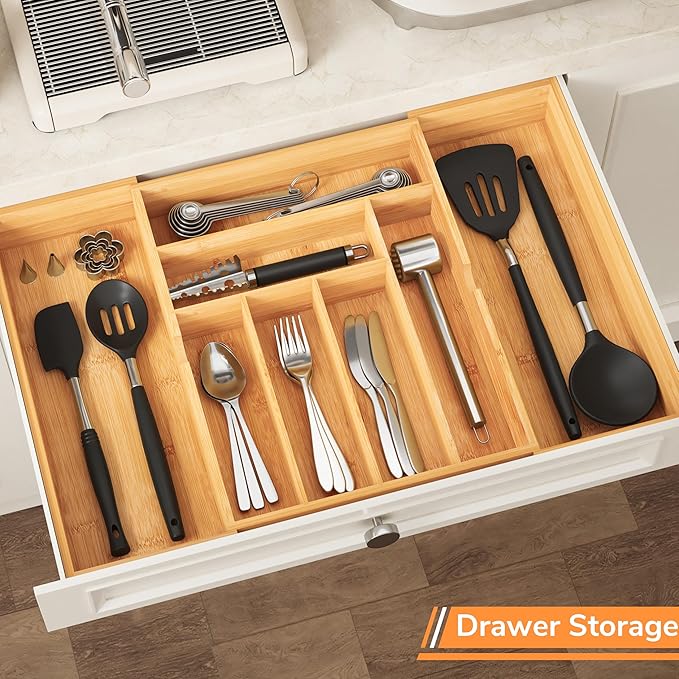 BAMEOS 3" Deepth Expandable Drawer Organizer, Deep Flatware Organizer, Adjustable Silverware Organizer, Bamboo Drawer Organizer for Kitchen, Bathroom (Natural)-Ruum Studio Home