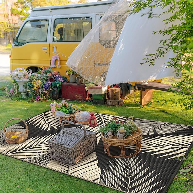 GENIMO Outdoor Rug 5' x 8' Waterproof for Patios Clearance, Reversible Outdoor Plastic Straw Camping Rug Carpet, Large Area Rugs Mats for RV, Picnic, Backyard, Deck, Balcony, Porch, Beach, Black&Beige-Ruum Studio Home