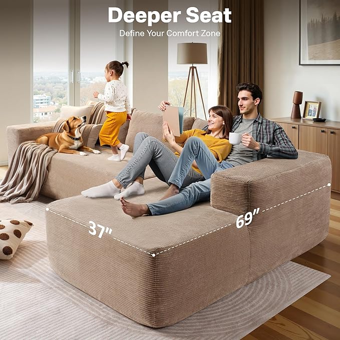104" Cloud Sectional Couches for Living Room,L Shaped Boneless Couch in A Box,Sleeper Sofa with Comfy Chaise No Assembly Required,Camel-Ruum Studio Home
