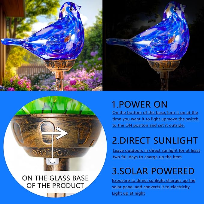 Decorative Solar Lights, Outdoor Solar Bird Stake Lights, Hand Blown Glass Decorative Garden Pathway Lights Outdoor Waterproof Glass Stakes (Dark Blue)-Ruum Studio Home