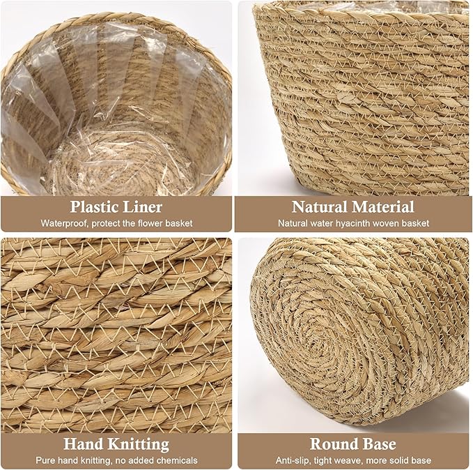 Athaliah Plant Basket Set of 3, Indoor Woven Planter Baskets with Plastic Liner, Water Hyacinth and Corn Husk Decorative Pots for Rustic Home & Floor Plant Decor (Natural Color-3)-Ruum Studio Home