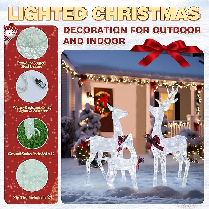 4.5FT Lighted Reindeer Family Set for Christmas Decoration, 3 Pieces Pre-Lit Iridescent Deer Xmas Decor with 200 LED Lights, 3D Glittered Standing Holiday Display for Outdoor, Indoor, White-Ruum Studio Home
