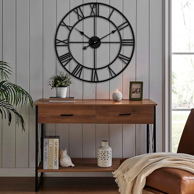 CLXEAST Silent 24 Inch Wall Clocks for Living Room Decor, Large Black Metal Roman Numeral Wall Clocks for Modern Farmhouse Home Decor,House Warming Gifts New Home-Ruum Studio Home