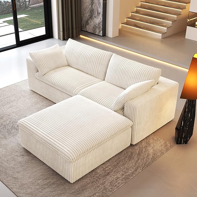78.74" L Shaped Modern Sofa Modular Sectional Cloud Couch with Ottoman,Upholstered Couches with Plush Corduroy Fabric for Living Room Furniture,Bedroom and Apartment,No Assembly Required,White-Ruum Studio Home