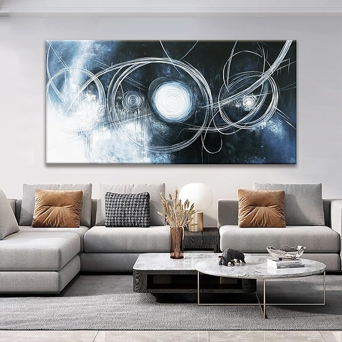 TAIJXAGSG Abstract Wall Art Modern Wall Decorations Maximalist Dark Blue Canvas Wall Art Decor Prints White Line Artwork For Living Room Bedroom Kitchen Office Artwork Ready To Hang 24"×48"-Ruum Studio Home
