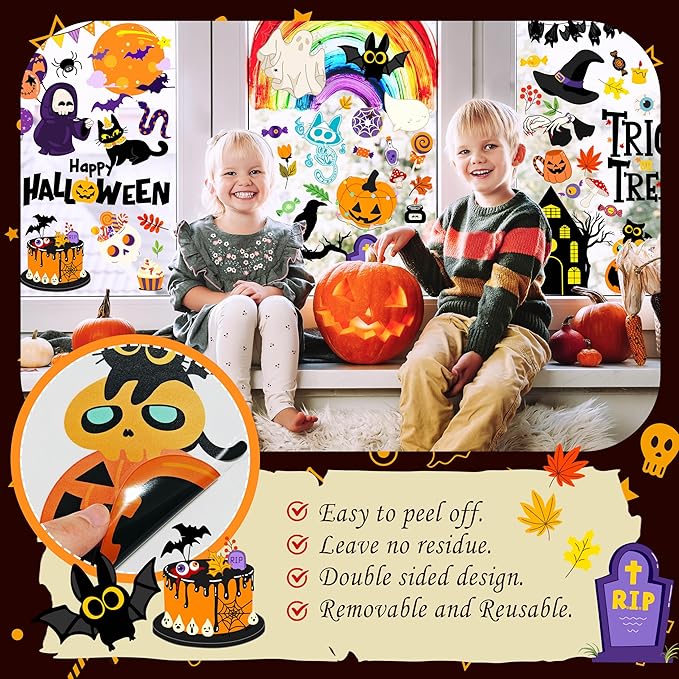 Halloween Window Clings - Halloween Decorations Static Window Stickers for Glass, Removable Large Double-Sided Window Decals for Indoor Home Decor, Bat Fall Cute Party Gift, 65 PCS/9 Sheet-Ruum Studio Home