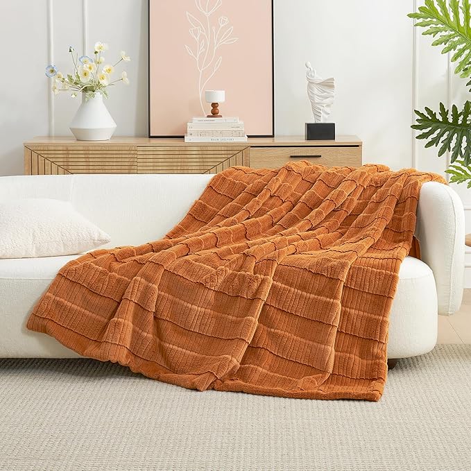 Amélie Home Luxury Striped Faux Fur Throw Blanket for Couch, Embossed Split Fur Cozy Fuzzy Fluffy Luxurious Soft Plush Sofa Chair Bed Gift Blankets for Women Men Wife Friend, 55"x70", Brown-Ruum Studio Home