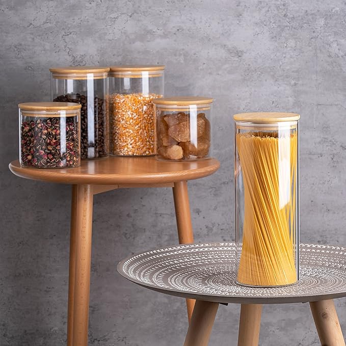 YUNCANG Glass Storage Jars [Set of 5],Clear Glass Food Storage Containers with Airtight Bamboo Lid Stackable Kitchen Canisters for Candy,Cookie,Rice,Sugar,Flour,Pasta,Nuts and Spice Jars-Ruum Studio Home