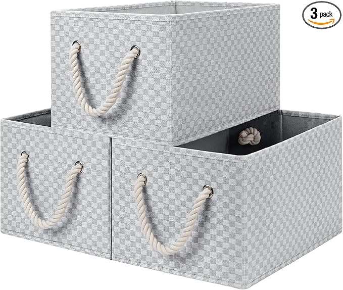 StorageWorks Storage Baskets for Shelves, Foldable Fabric Closet Storage Bins with Handles, Fabric Storage Bins Clothes Organizer, Gray Check, 3-Pack, Large-Ruum Studio Home