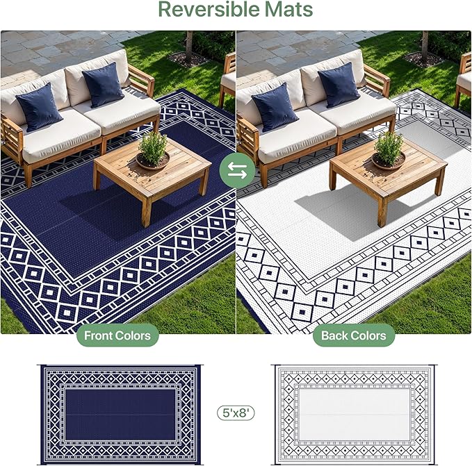GENIMO Outdoor Rug Waterproof for Patio Decor, 5'x8' Reversible Plastic Straw Rug Carpet, Camping Mats for Outdoor, RV, Backyard, Deck, Balcony, Picnic, Blue & White-Ruum Studio Home