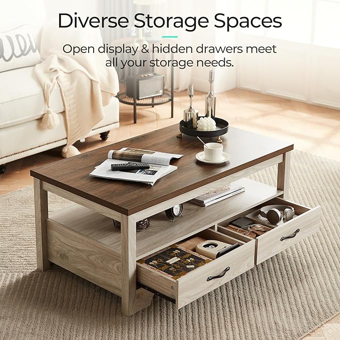 LINSY HOME Farmhouse Coffee Table with Storage, Wood Coffee Table for Living Room, Open Display Area and Storage Drawers with Metal Handles, Chic Style with Curved Base. Oak and Brown-Ruum Studio Home