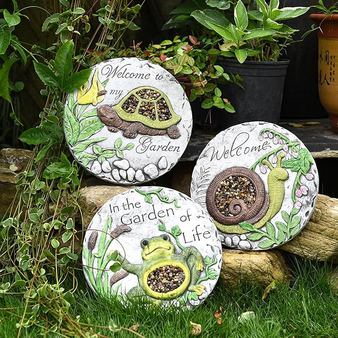 Sungmor 3PC Pretty Garden Stepping Stones, 9.8" Large Concrete Decorative Stones with Beautiful Pattern, Unique Outdoor Lawn Accents, Yard Walkway Flower Bed Wall Shelf Welcome Friends Decorations-Ruum Studio Home
