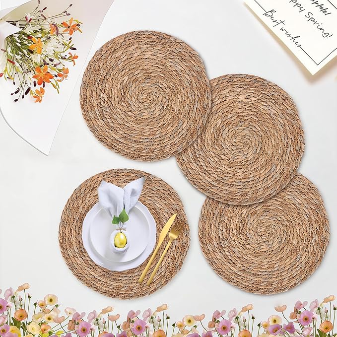 Defined Deco Woven Placemats Set of 4,13" Round Rattan Placemats,Natural Hand-Woven Water Hyacinth Placemats,Farmhouse Weave Place Mats,Rustic Braided Wicker Table Mats for Dining Table,Home,Wedding.-Ruum Studio Home