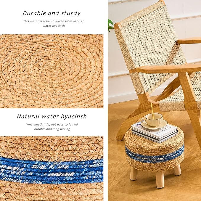 Handwoven Round Ottoman, Natural Water Hyacinth Outdoor Patio Pouf Seagrass Low Stool with Wood Legs, Soft Padded Footrest for Living Room Bedroom Garden, Blue-Ruum Studio Home