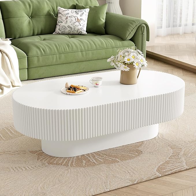 43.3" Oval Fluted Coffee Table Modern Elegant Drum End Table, Minimalist Center Table 7.8" Thick Tabletop with Sturdy Base for Living Room, Bedroom, Apartment,Easy Assembly, White-Ruum Studio Home