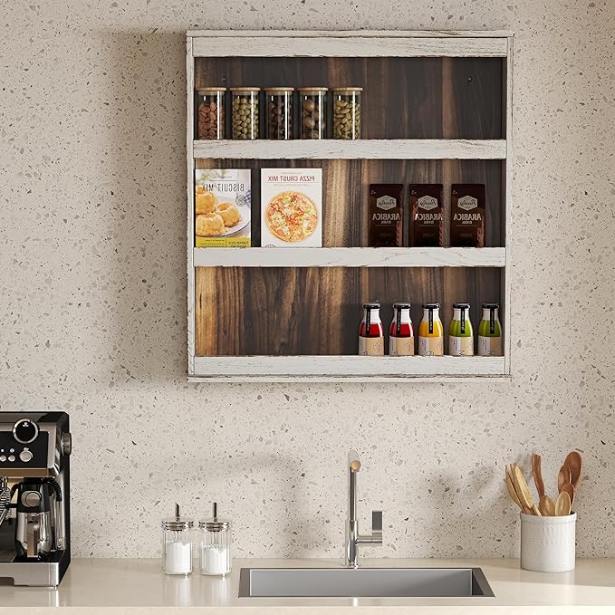 Nisorpa 3 Tier Spice Rack Wall Mount, Rustic Burnt Wood Wall Hanging Spice Rack Kitchen Spice Shelf Organizer for Seasoning Jars or Condiment Bottles, 19.68 x 3.35 x 21.25 Inches-Ruum Studio Home