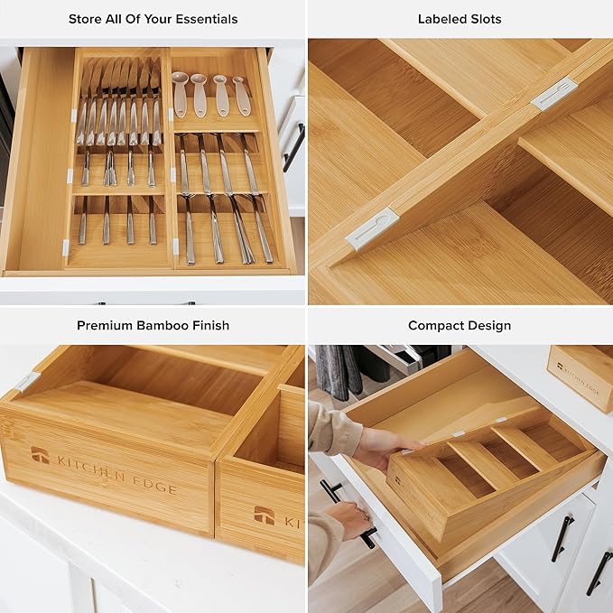 Premium Cutlery, Flatware, and Silverware Drawer Organizer – Slanted 3-Compartment Design with Labeled Slots, Non-Slip Feet, 100% Sustainable Bamboo, 2 Pack-Ruum Studio Home