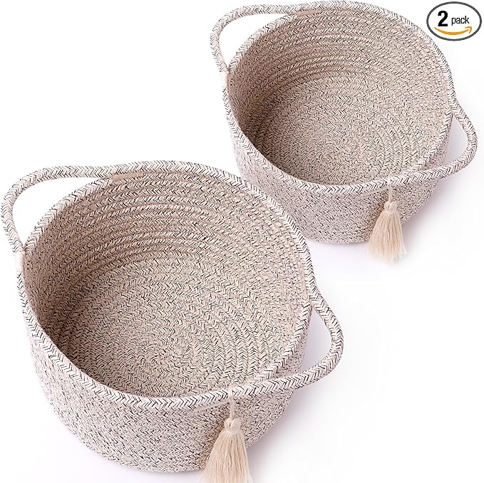 Small Soft Organizer Baskets，Decorative Mini Round Woven Rope Storage Bin Empty Gift Baskets for Man，Office, Desk Decor, Gifting, Kids, Toys, Pre Shaped, Brown, 2 Pack-Ruum Studio Home