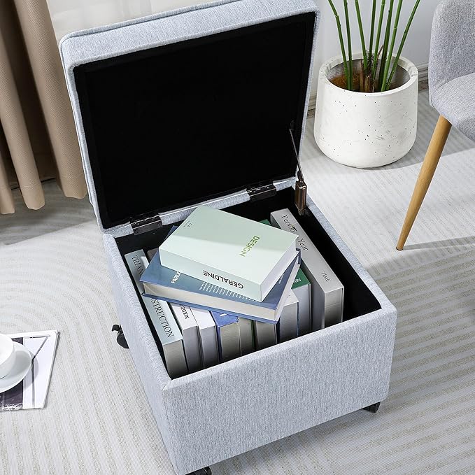 Adeco 17.5" Square Fabric Ottoman with Storage, Upholstered Cotton Linen Foot Rest, Flip Top Footstool, Small Cube Coffee Table Extra Seat for Living Room, Bedroom, Ice Blue with Rolling Legs-Ruum Studio Home