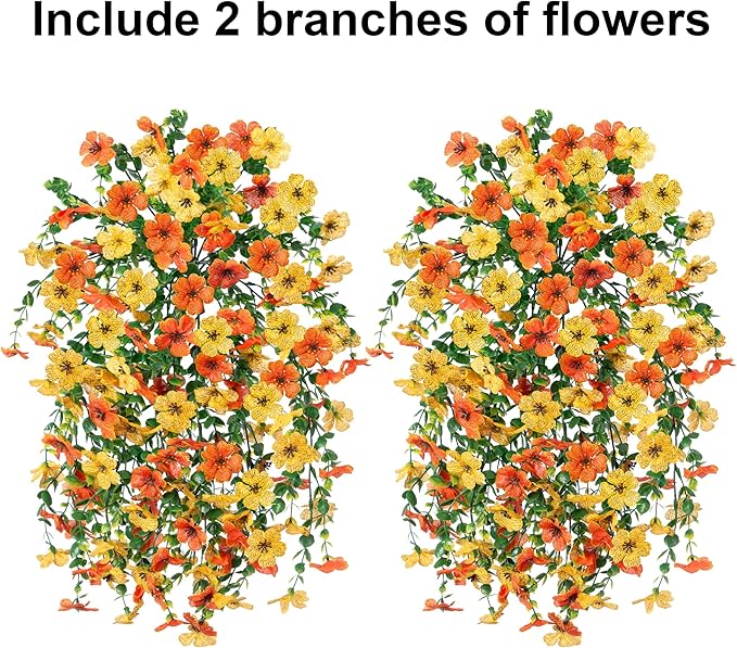 INSPRING Artificial Flowers for Outdoors Fake Mums Hanging Plants Decor, 2Pcs Silk Daisy with Eucalyptus UV Resistant Look Real Trailing Vines for Planter Front Door Patio Yard, OrangeYellow-Ruum Studio Home