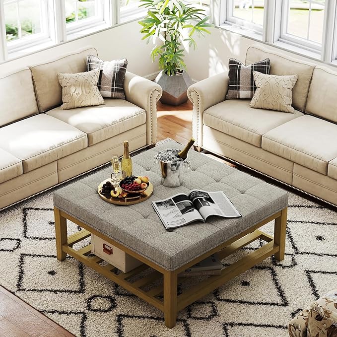Large Square Ottoman Coffee Table, Linen Solid Upholstered Footrest Ottoman with Solid Wood Shelf Storage Tufted Coffee Table for Bedroom Living Room, Linen-Ruum Studio Home