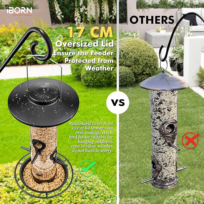 iBorn Metal Bird Feeders for Outdoors, 2LB Bird Seed Feeder 17cm Large Roof &Tray, 4 Feeding Ports, Black Finish-Ruum Studio Home