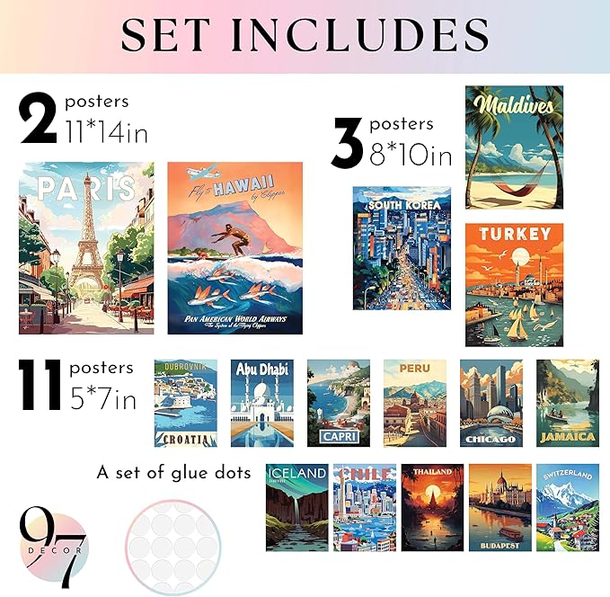 97 Decor LARGE 11x14 Vintage Travel Posters Wall Art - Retro Travel Decor For Home, Traveling Art Prints Around World Destination Pictures Famous City Artwork For Classroom (Unframed)-Ruum Studio Home