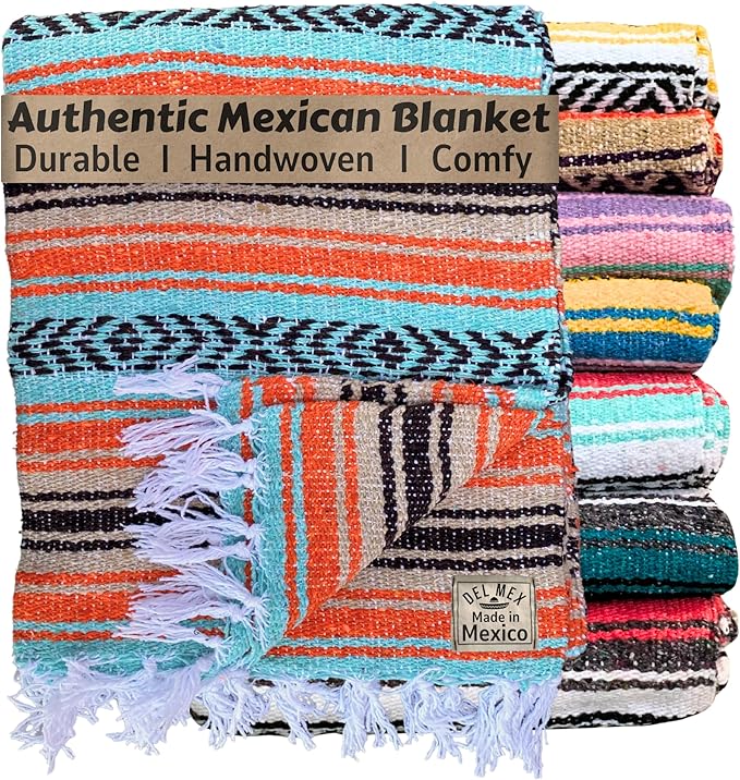 Del Mex Classic Mexican Blanket, Large Authentic Woven Falsa Throw (70"x50"), Artisan Southwest Décor for Beach, Yoga, Outdoors (Mint/Tan/Orange)-Ruum Studio Home