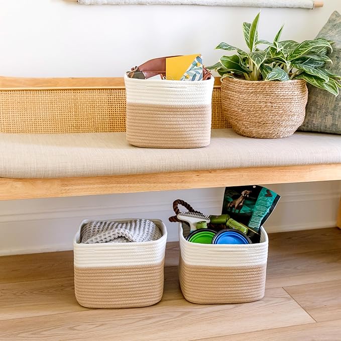 NaturalCozy Storage Cubes 9”x9”x7”Cotton Rope Woven Baskets for Organizing 3-Pack | 9 Inch Cube Storage Bin | Small Basket for Shelf Nursery, Pantry, Decorative Plant, Bathroom Closet, Toy Gift-Ruum Studio Home