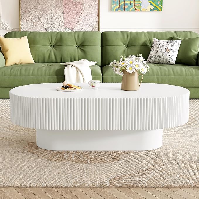 43.3" Oval Fluted Coffee Table Modern Elegant Drum End Table, Minimalist Center Table 7.8" Thick Tabletop with Sturdy Base for Living Room, Bedroom, Apartment,Easy Assembly, White-Ruum Studio Home