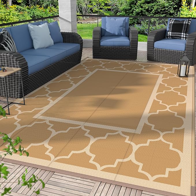 GENIMO 6' x 9' Outdoor Rug Waterproof for Patio Decor, Foldable Reversible Plastic Straw Area Rugs Mat for Camper, Outside Carpet for Rv, Deck, Porch, Picnic, Beach, Balcony, Brown & Beige-Ruum Studio Home
