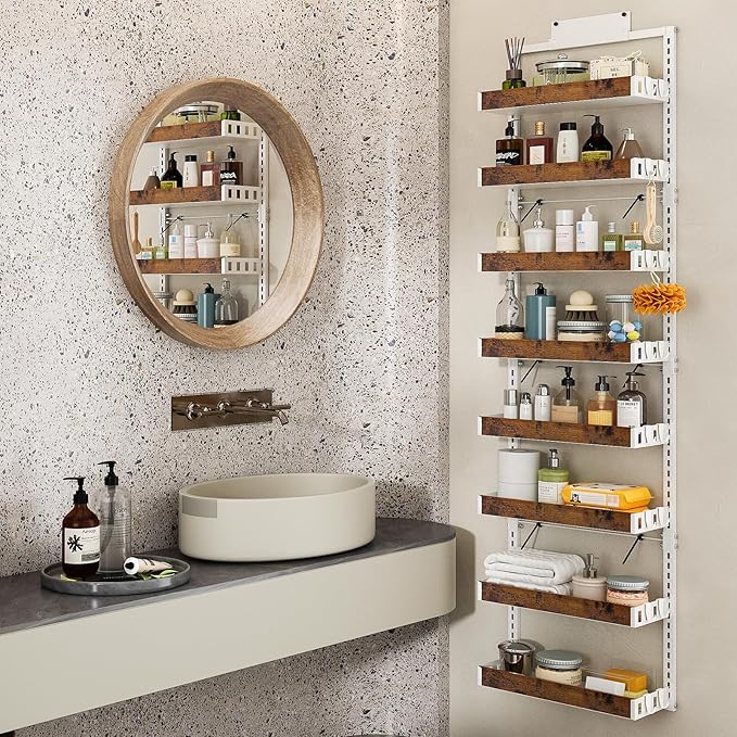 bukfen Over the Door Pantry Organizer, 8-Tier Adjustable Wooden Basket Kitchen Pantry Door Organization and Storage, 2 in 1 Wall Mount or Hanging Heavy-Duty Metal Hanging Kitchen Spice Rack,White-Ruum Studio Home