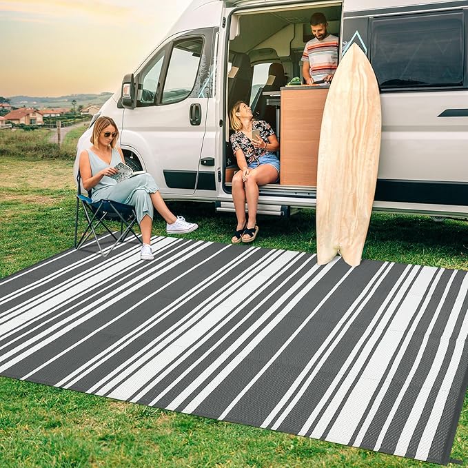 Outdoor Patio Rug 9x12 Stain-Resistant Reversible Camping Mat, Modern Striped Outdoor Plastic Straw Rug, Waterproof Outside Carpet, Easy to Clean for RV, Porch, Deck, Balcony, Grey-Ruum Studio Home