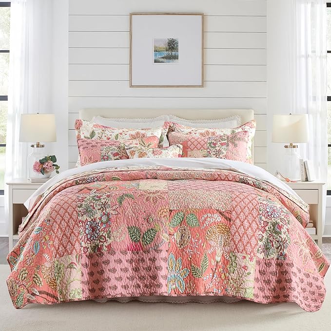 NEWLAKE Cotton Patchwork Bedspread, 3-Piece Bedding Quilt Set with Real Stitched Embroidery, Reversible Matelasse Bed Coverlet Set,Bohemian Floral, Queen Size-Ruum Studio Home