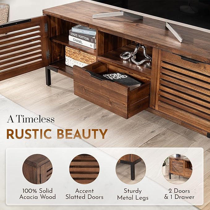 Bme Millie Solid Wood TV Stand for TVs up to 65 Inches, Modern Farmhouse TV Stand with Rustic Charm, TV Stands for Living Room, Chestnut-Ruum Studio Home