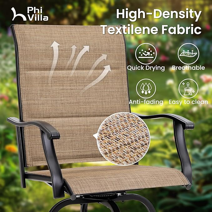 PHI VILLA 5 Piece Outdoor Bar Set, High Top Patio Dining Table and Chairs with 4 Swivel Padded Bar Stools (Brown) & Wood-Like Steel Bar Table for Deck, Garden, Poolside and Porch-Ruum Studio Home