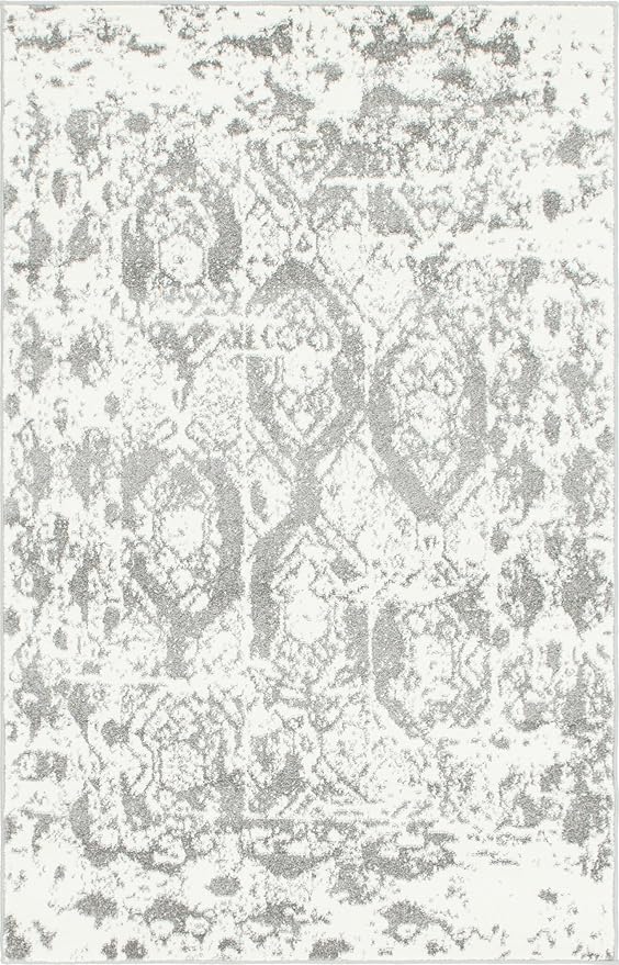 Unique Loom Rosso Collection Vintage, Geometric, Bohemian, Traditional, Distressed, Southwestern Area Rug, Rectangular 4' 0" x 6' 0", Light Gray/Ivory-Ruum Studio Home